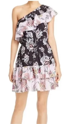 Aqua Pink Ruffle‎ One Shoulder Tiered Mini Dress Size XS thumbnail 1