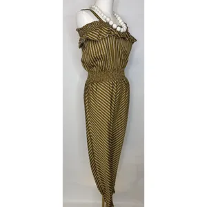 RW&A Rwanda Clothing Women Olive Striped Cold Shoulder Smocked Waist Jumpsuit thumbnail 5