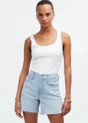 Madewell The Momjean Shorts Light Wash Denim 27 raw hem distressed button fly thumbnail 1