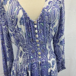 Z&L Boho Paisley Maxi Dress Small Smocked Waist Button Front Purple Green Resort thumbnail 4