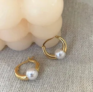 18K Gold Plated White Pearl Hoop Earrings for Women, Pearl Earrings thumbnail 1