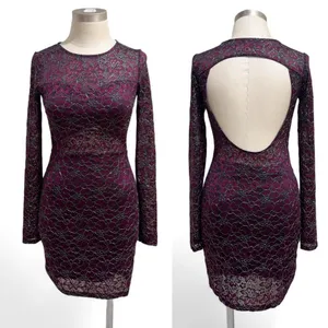 Express Plum Lace Long-Sleeve Open-Back Mini Dress thumbnail 3