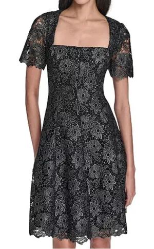 Eliza J Petite Black and Silver Square Neck Lace Fit and Flare Dress Size 10 P thumbnail 1