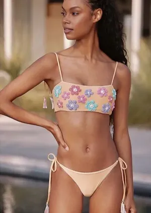Free People Anthropologie Gold Floral Appliqué Bikini Set Size M thumbnail 1