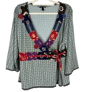 SOMA BY CHICOS BOHO ANASTASIA PELA KIMONO PATCHWORK CROSSOVER TOP BLUE M thumbnail 2