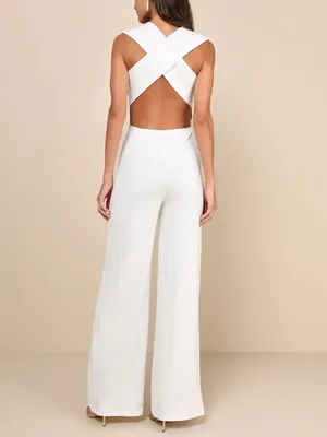 Lulus Thinking Out Loud White Backless Jumpsuit Extra Small Bridal Bride Wedding thumbnail 2
