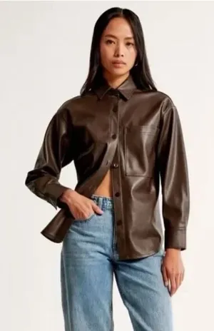 Abercrombie and Fitch Faux Leather jacket cream color size Small oversized fit thumbnail 1