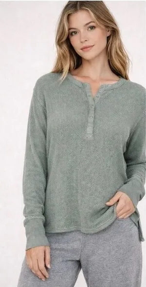 OFFLINE by Aerie Waffle Henley Top Large Sage‎ Green Cotton Thumbholes Oversized thumbnail 1