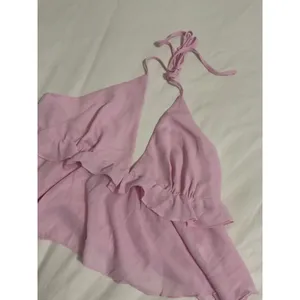 UUE Pink Halter Babydoll Top Open Back Flowy Ruffle Blouse Size XL thumbnail 3