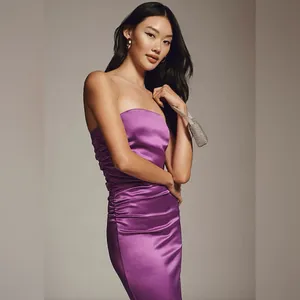 BHLDN Selena Strapless Stretch Satin Slip Ruched Midi‎ Dress Purple Size Medium thumbnail 2