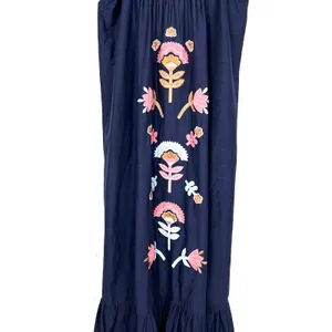 Anthropologie Malika Embroidered Dress Low Scoop Back Ruffle Hem Navy Blue XS thumbnail 12