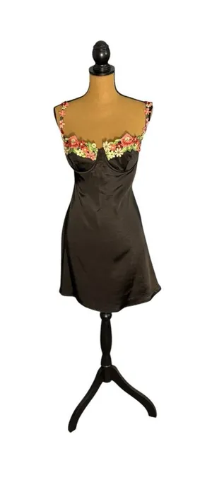 Princess Polly Kenzie Black Satin Floral Applique Bustier Mini Dress Size 10 thumbnail 1