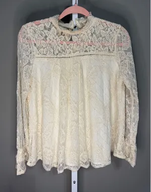 Altar'd State Cream Lace Mock Neck Blouse Romantic Boho Cottagecore Fairytale M‎ thumbnail 1