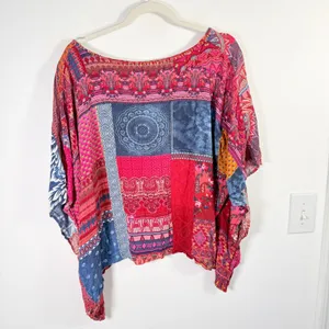 Desigual Patchwork Boho Blouse Pink Blue Paisley Dolman‎ Sleeve Womens Large thumbnail 8
