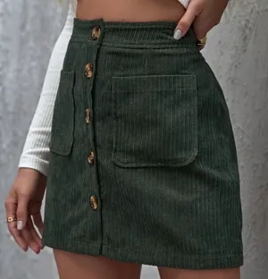 SheIn Button Front Patch Pocket Corduroy Skirt thumbnail 2