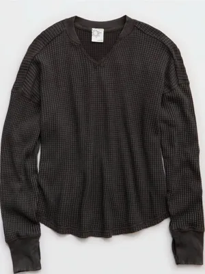 OFFLINE By Aerie Wow! Waffle Notch Neck Long Sleeve T-Shirt Smoked Gray XS thumbnail 3