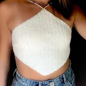 Crochet Top Rhombus Diamond Tie Back Backless Boho Beach Vacation Swim Cover Up thumbnail 1