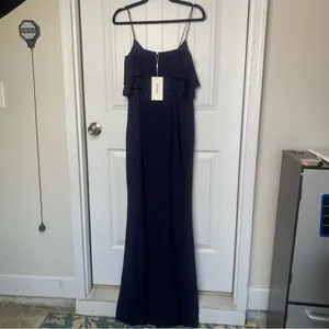 Bhldn anthropologie Navy sleeveless‎ ruffle gown maxi dress prom wedding guest 8 thumbnail 3