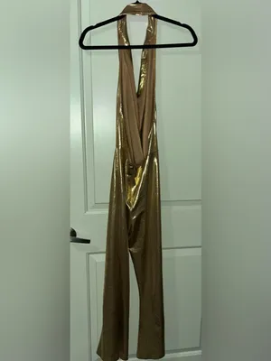 SHEIN Sexy Metallic Gold Halter Twist-Front Jumpsuit thumbnail 3