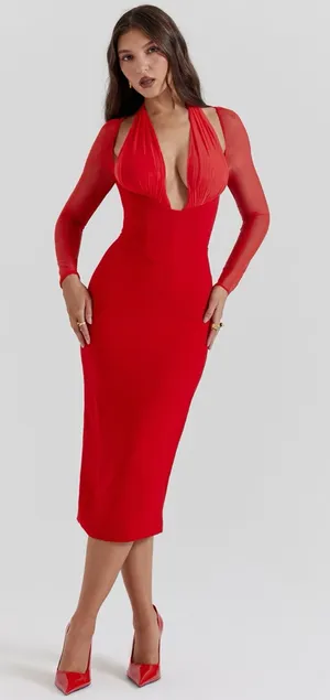 House of CB Yasmin Scarlet Plunge Midi Dress XS thumbnail 1