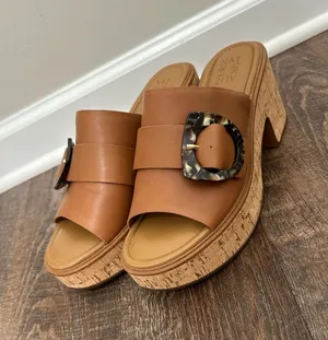 Naturalizer Tan Platform Slide Sandals with Tortoiseshell Buckle thumbnail 1