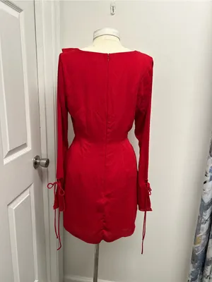 Red Ruffled V-Neck Long-Sleeve Mini Dress thumbnail 6