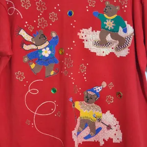 Red Christmas Top Bears Red Vintage India Ink Hand‎ Painted Bears Tee Size 2X thumbnail 2