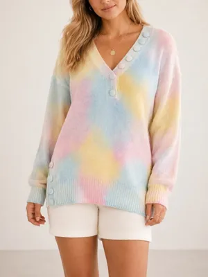 LoveShackFancy Naveen Alpaca Blend Pastel Tie Dye V-Neck Oversized Cozy Sweater thumbnail 10