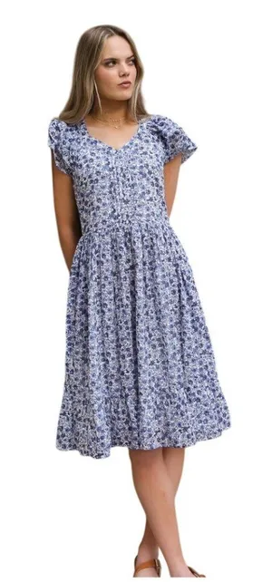 Downeast Charming Dress in Blue Ditsy Large New Womens Long Gown Dress thumbnail 1