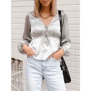 Abercrombie & Fitch Silver Sage Green Tie Front Satin Peplum Blouse SMALL thumbnail 6