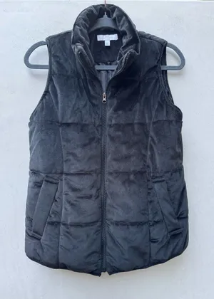 New Directions Velvet Quilted Puffer Vest Black Quilted Zip Mock Neck Womens L thumbnail 1