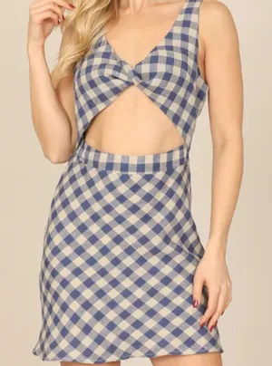 Olivaceous Mini Dress Women Size M Sleeveless Twist Front Cut-Out Gingham Linen thumbnail 1