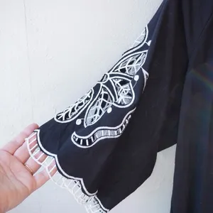 Solitaire Black Linen Blend V-Neck Shirt Embroidered Artisan Blouse‎ Artsy Boho thumbnail 5