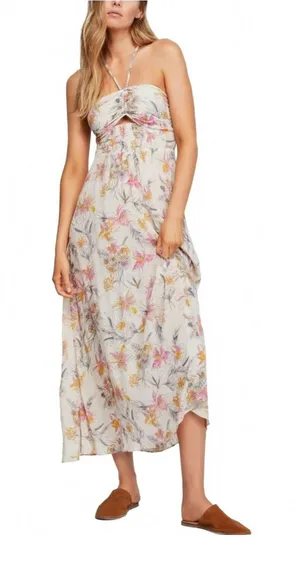 Free People One Step Ahead Maxi Dress Floral Smocked Slip Pebble Cream Women XS thumbnail 1