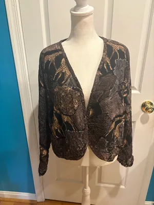 Art wear chenille double sided jacket giraffe elephant African print brown M L thumbnail 4