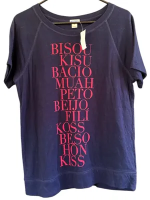 NWT J. Crew Foreign Language "Kiss" S/S Sweatshirt Navy Red Size Medium thumbnail 1