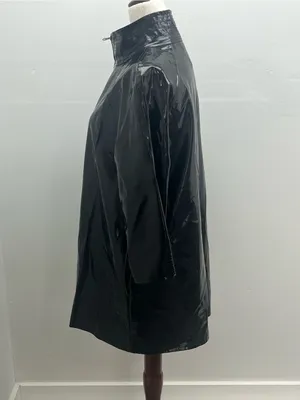 WD NY Black Patent Leather Faux Vinyl Leopard Print Lining Trench Coat Size 8 thumbnail 2