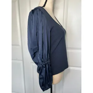 NWT Maeve Anthropologie Navy Ribbed Satin Tiered‎ Balloon Sleeve Top Size Small thumbnail 3