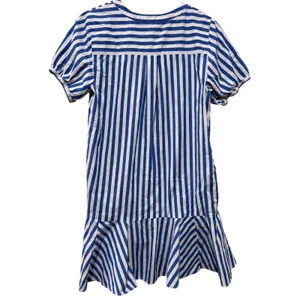 J. Crew Cotton Dress Sz 10 Blue White Stripe Ruffle Puff Sleeve Coastal V-Neck thumbnail 2