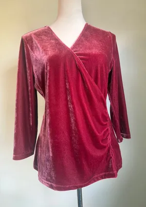 Soft Surroundings Velvet Faux Wrap Top Blouse M boho whimsigoth grunge‎ burgundy thumbnail 1