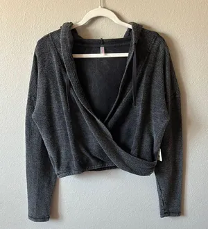 Free People Movement black criss cross cropped hooded terry sweatshirt thumbnail 2