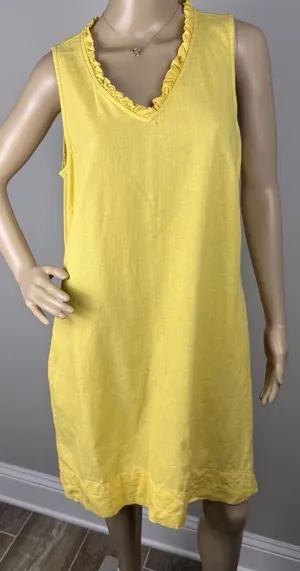 Briggs Yellow Linen Blend Pocket Dress Sz‎ M V-Neck Sleeveless Casual Above Knee thumbnail 1