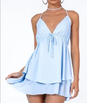 NWT Princess Polly Talking About Love Mini Dress Blue Babydoll Halter‎ Tiered 8 thumbnail 1