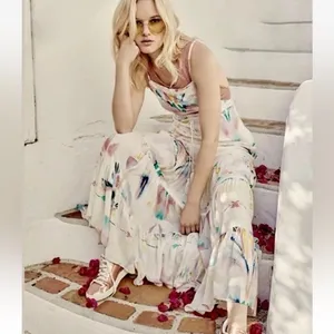 Free People Sounds Of Spring Maxi Dress Size 6 Ivory Watercolor Bib Overall thumbnail 3