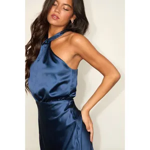 Lulus Jacey Navy Satin Halter Midi Dress Party Cocktail Classic Small NWT thumbnail 2