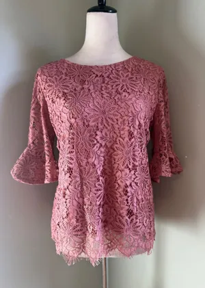 Nanette Lepore Pink Lace‎ Bell Sleeve Top S romantic cottage whimsi fairy boho thumbnail 1