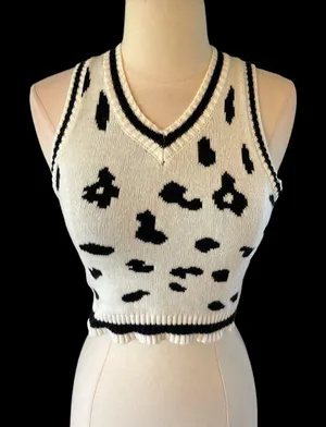 Crop Sweater White Black V Neck Lightweight Womens Small thumbnail 1