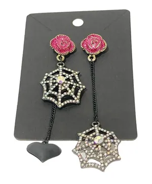 Betsey Johnson Creepshow Spiderweb Pink Rose‎ Heart Crystal AB Mismatch Earring thumbnail 1
