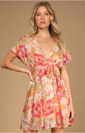 Free People Freddy Pink Floral Print Short Sleeve Tie Mini Dress S Babydoll Boho thumbnail 1