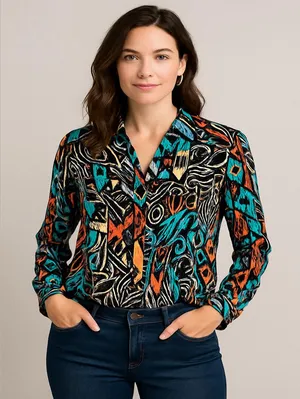 Chicos Womens Abstract 100% Silk Blouse Size 2/Large Multicolored Sheer Picasso thumbnail 1